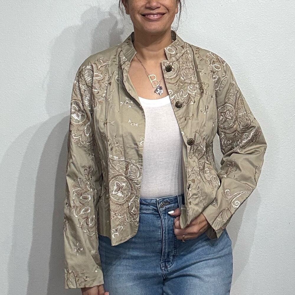 Chico's Tan Metallic Dream Embroidered Rosina Jacket Sz 2/L NWT